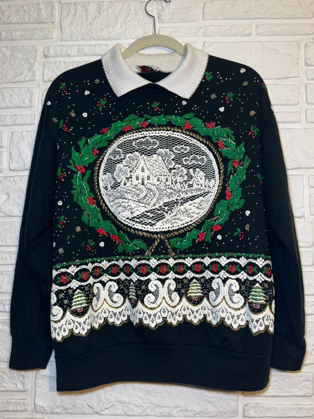 Vintage Nutcracker Christmas Sweatshirt Women L Black Lace Holiday Collared